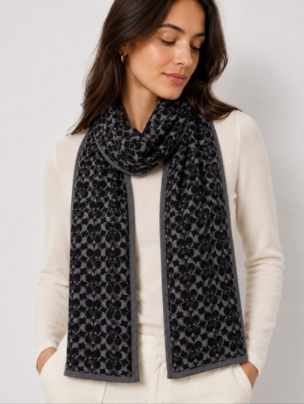 Coach Signature C Merino Wool Scarf Gray Black Monogram